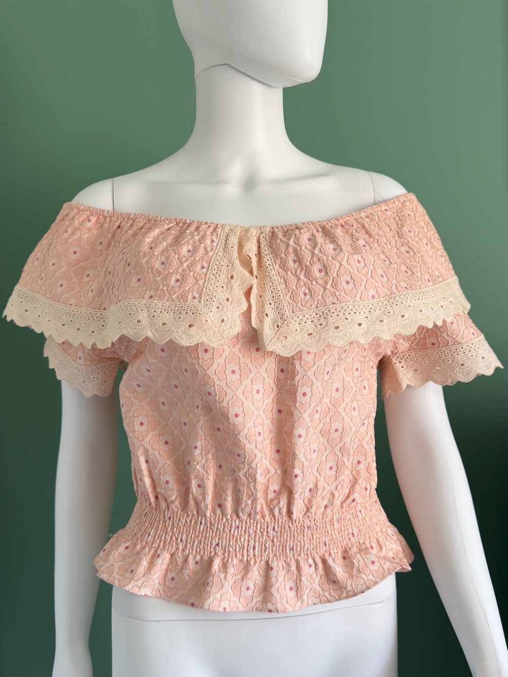 Women's Brigitte Bardot Lace Trimmed Off-Shoulder Peplum Blouse in Light Pink